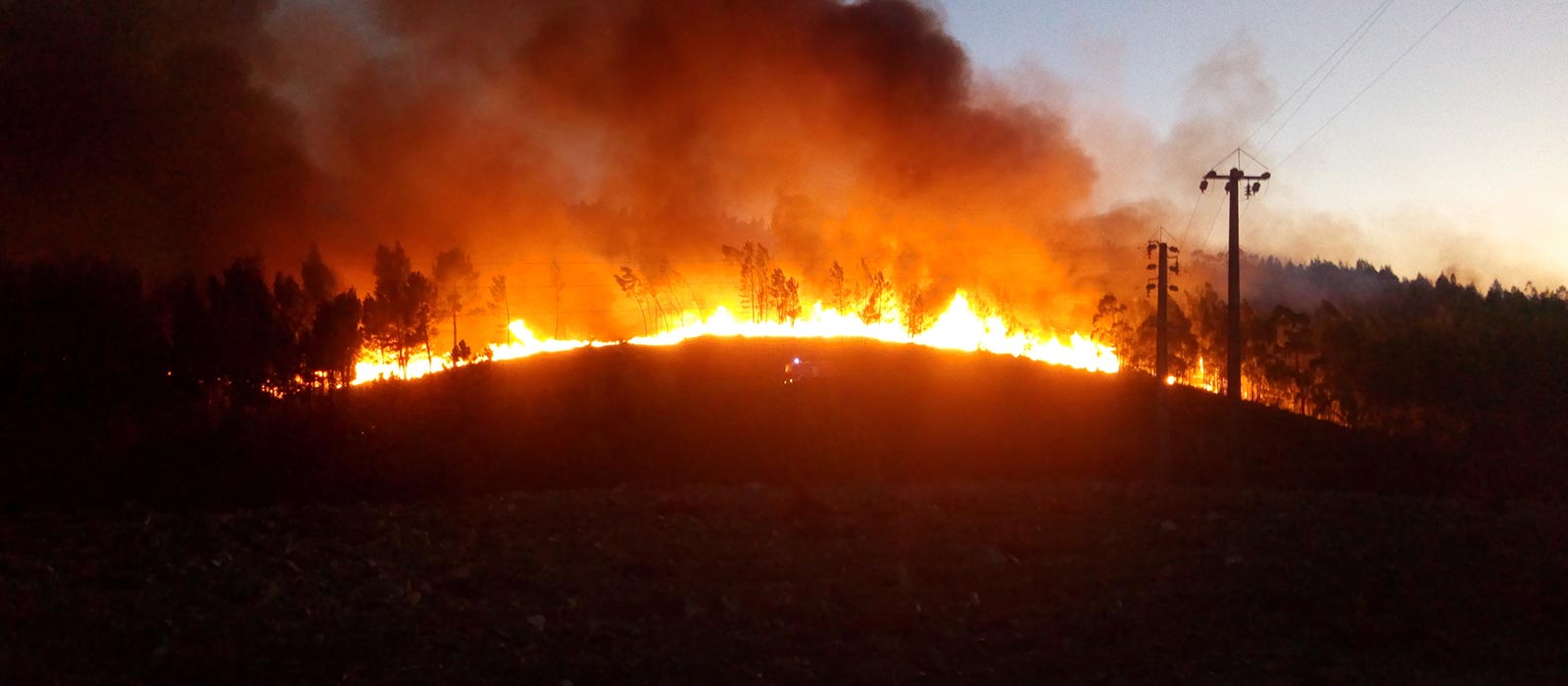 Wildfire near houses and hydro lines